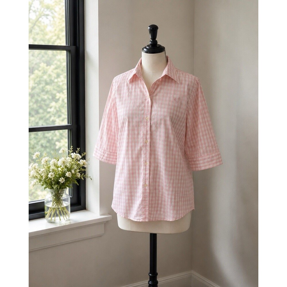 Ralph Lauren Women’s Button Up Top Sz M Short Sleeve Pink Gingham Check Monogram